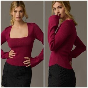 Maeve Anthropologie Square-Neck Bell-Sleeve Sweater in Pink Shimmer Size XL NWT